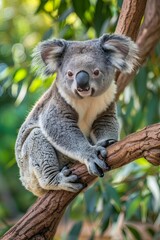 Fototapeta premium A cute koala sitting on a tree branch, looking directly at the camera.