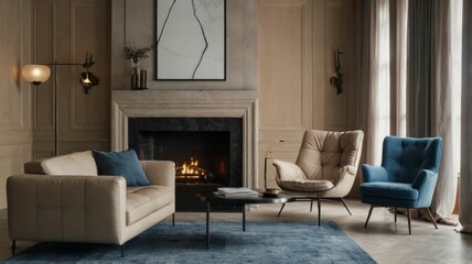 Beige leather sofa and blue fabric lounge chair in room with fireplace. Minimalist home interior design of modern living room