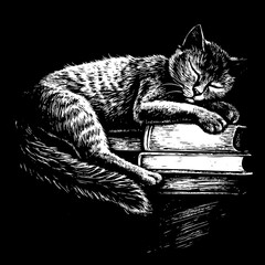 cat sleeping on a stack of books