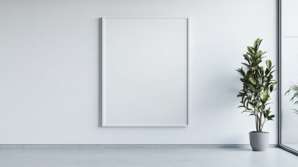 Modern interior with empty frame on white wall and plant