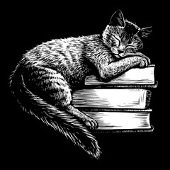 cat sleeping on a stack of books