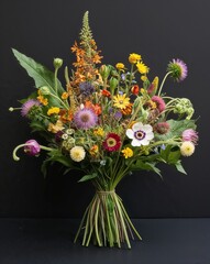 Naklejka premium A whimsical wildflower bouquet captured in vivid detail on plain black background