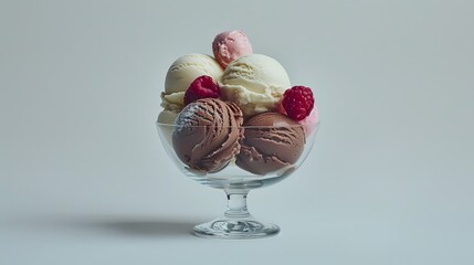 A glass bowl filled with scoops of vanilla, chocolate, and strawberry ice cream topped with raspberries.