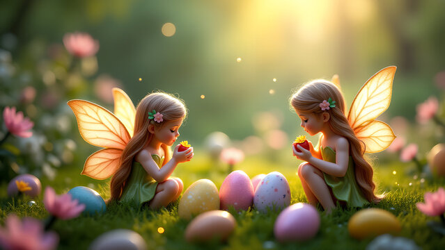 Zwei Feen mit bunten Ostereiern im Fr&uuml;hlingslicht