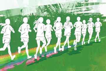 A group of runners in silhouette running across a green field with a rainbow behind them.
