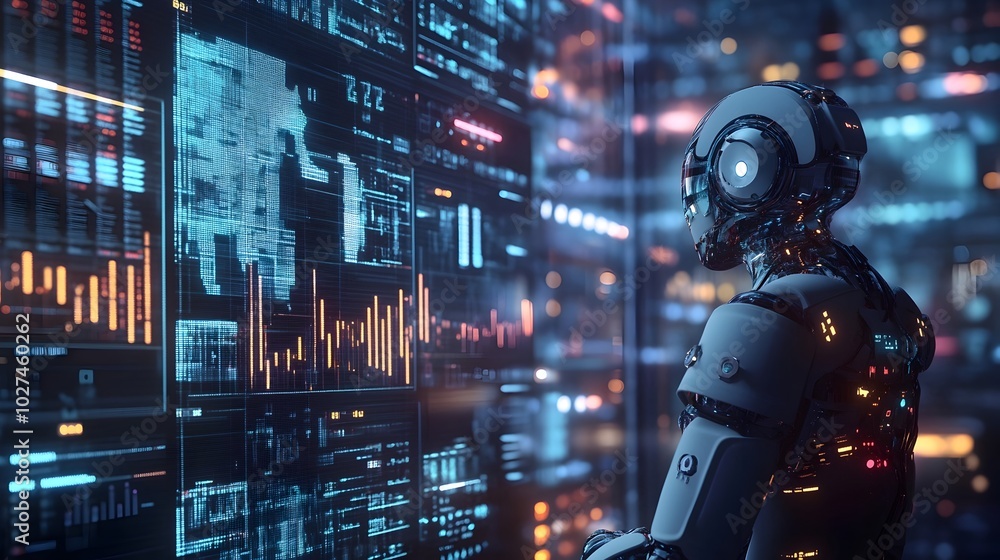 Poster futuristic ai powered market research tool analyzing data and predicting consumer trends