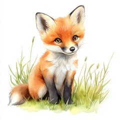 Obraz premium Cute fox sitting in the grass, illustrated with vibrant colors.