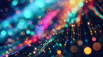 Abstract background with colorful glowing lines and bokeh lights on dark space, in the style of futuristic digital technology concept.