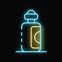 Bright neon sign of a reusable water bottle for gym and fitness activity glowing on a black background