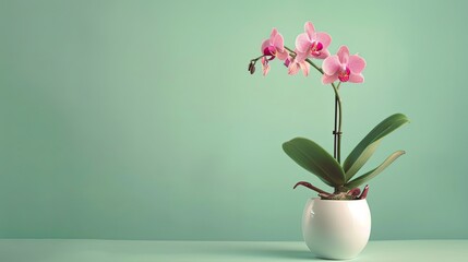 Obraz premium A single pink orchid plant with green leaves in a white pot against a pastel green background.