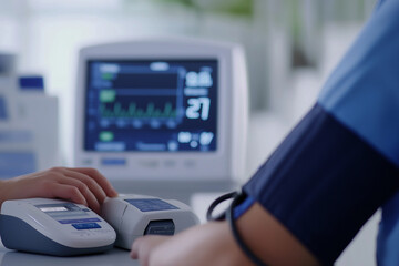 A healthcare professional measures blood pressure using a digital monitor, with a patient’s statistics displayed on a screen in the background.