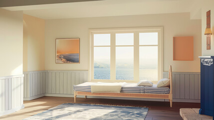 A cozy bedroom features a bed with blue linens, wooden furniture, and sunlight pouring in through large windows.