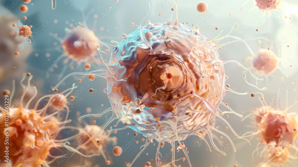 Poster close-up of two cells interacting in a colorful microscopic environment