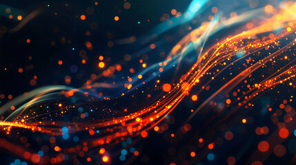 Abstract background with colorful glowing lines and bokeh lights on dark space, in the style of futuristic digital technology concept.