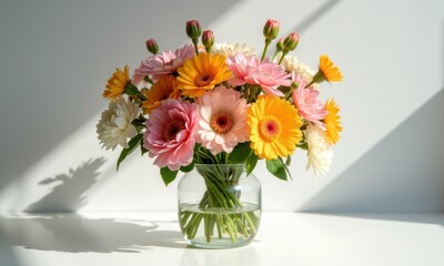 Fototapeta premium Still life with bright flowers against sunlight.