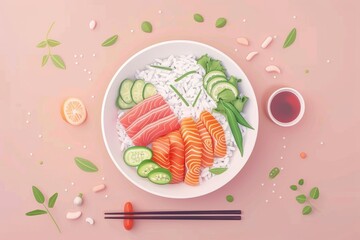 Fresh sushi bowl with salmon and vegetables on pink background