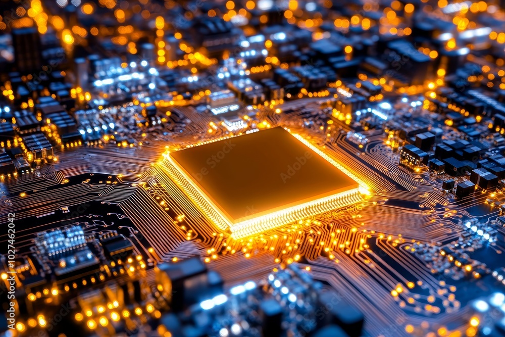 Poster Circuit board of a computer with an interior microchip circuit with neon lights.