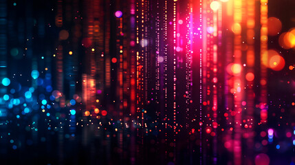 Abstract background with colorful glowing lines and bokeh lights on dark space, in the style of futuristic digital technology concept.