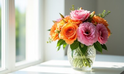 Orange gerberas and pink roses in a clear vase on a white background.