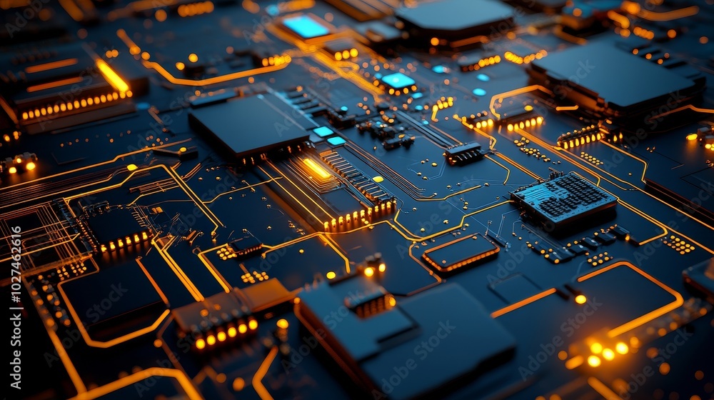Aufkleber a background with illuminated fiber optic connections, a blue circuit board with digital technology,
