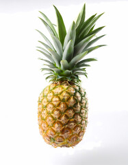 Fototapeta premium A vibrant flying pineapple, isolated on white, showcasing its leafy crown, perfect for trop