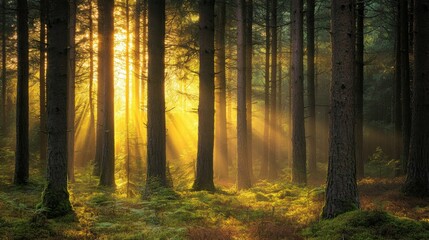 Obraz premium Golden Sunlight Through Forest Trees