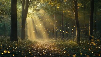 Obraz premium Enchanted Forest Illuminated by Fireflies at Dusk