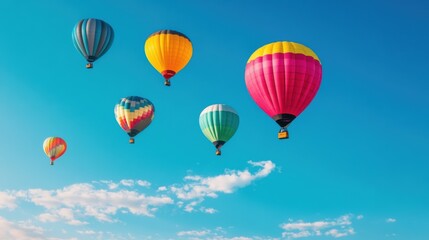 Naklejka premium Colorful hot air balloons ascend joyfully into a bright blue sky, creating a picturesque scene under the warm sun. Generative AI