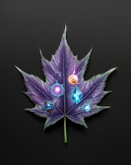 Fantasy elements captured within a detailed leaf on plain black background