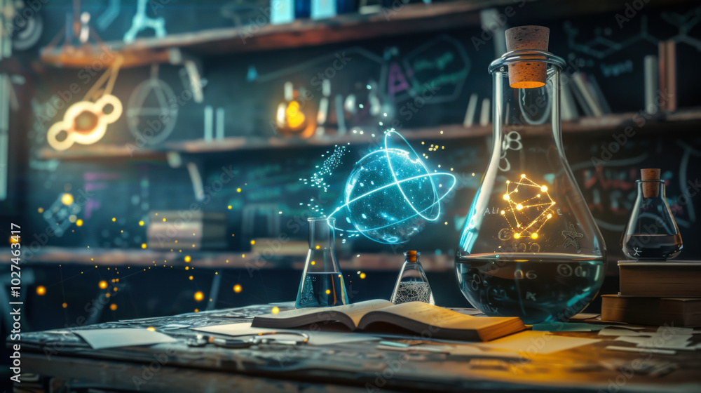 Poster laboratory setup with glowing flasks and molecular models during a science experiment