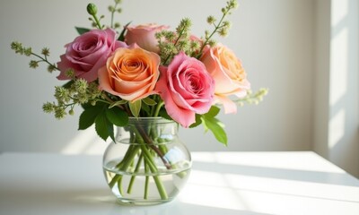 Light photograph of a flower bouquet in a vase.