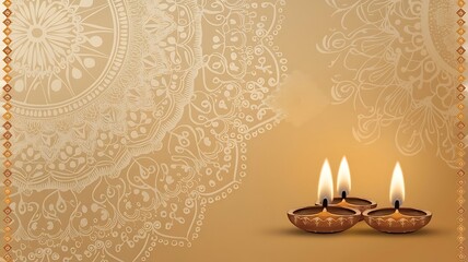 Diwali Celebration with Glowing Lamps and Traditional Mandala Background Design.