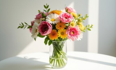 Composition with orange gerberas and roses in a vase.