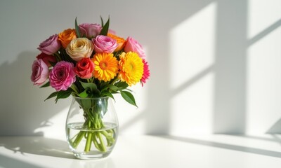 A combination of pink roses and orange gerberas in a clear vase.