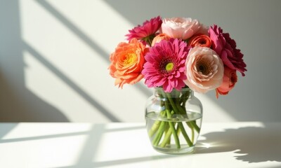 Fototapeta premium Orange gerberas and pink roses in a clear vase.