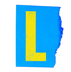 Yellow letter l on blue paper tear