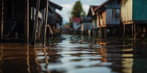 Obraz premium A serene view of a flooded street with water calmly flowing between houses on stilts, evoking seriousness and adaptation amidst challenges.