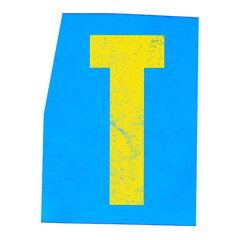 Yellow letter t on blue paper tear