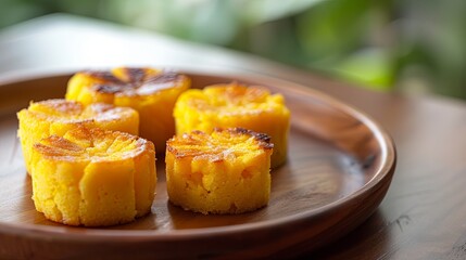 Four golden brown sweet cakes with a flower design on top are arranged on a round wooden plate.