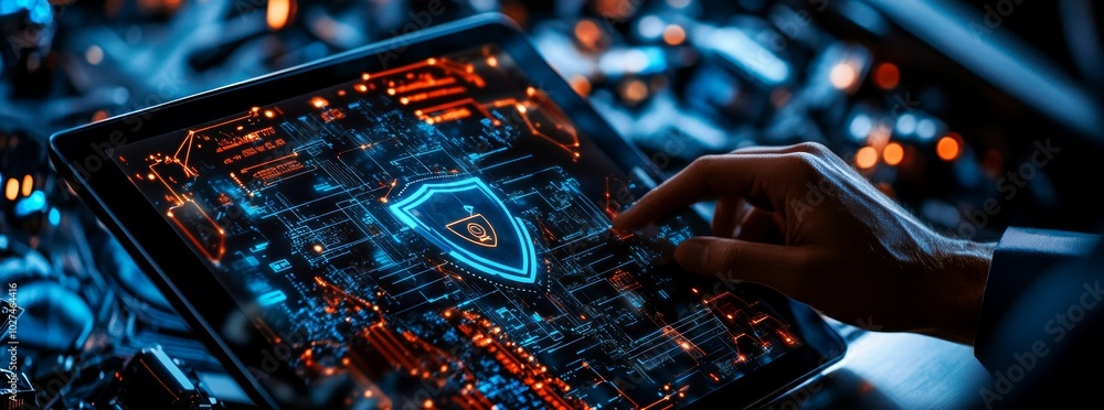 Poster Data security concept. User using laptop and mobile phone with privacy security and encryption system. Cybersecurity software technology.