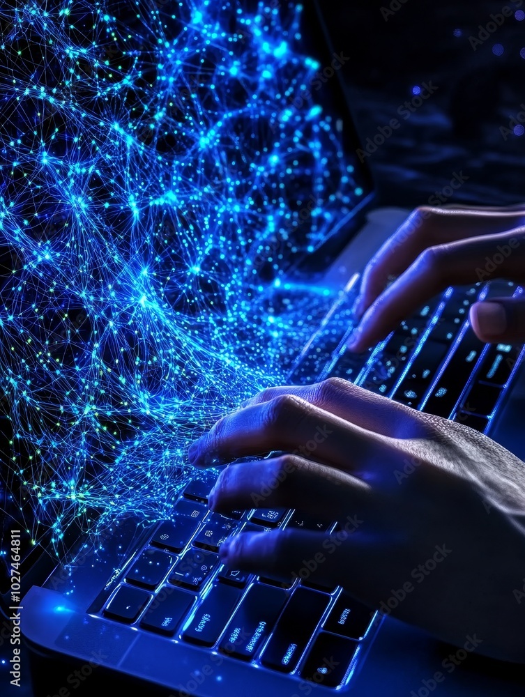 Poster An IT vendor risk analysis is displayed on the screen along with a close-up of a hand typing on a keyboard, soft office background.