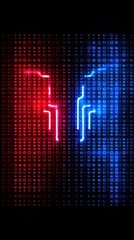 Fototapeta premium Futuristic digital abstract design featuring red and blue light patterns against a binary code backdrop for tech themes.