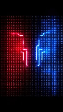 Futuristic digital abstract design featuring red and blue light patterns against a binary code backdrop for tech themes.