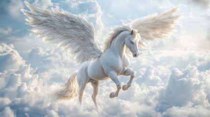White pegasus horse flying above the clouds