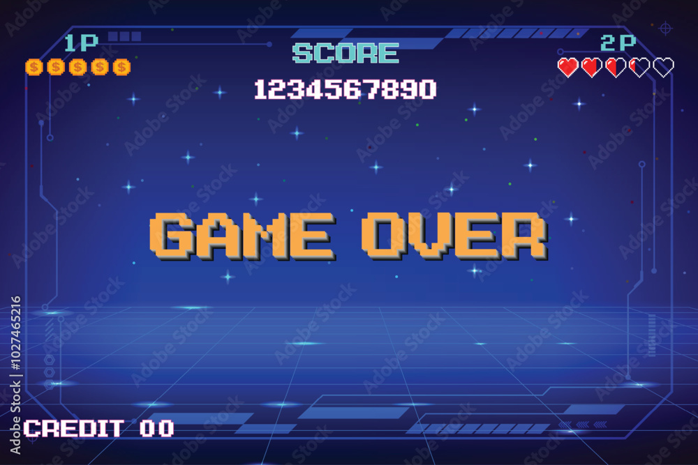 Aufkleber game over. insert a coin to continue or exiting the game's main menu. modern trendy game background 