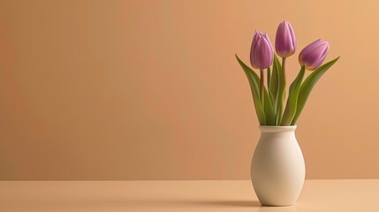 Fototapeta premium Three pink tulips in a white vase against a light orange background.