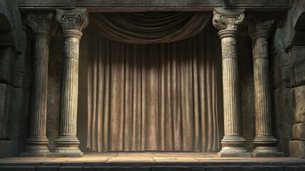 Fototapeta premium ancient-style stage with grand stone columns framing a closed curtain