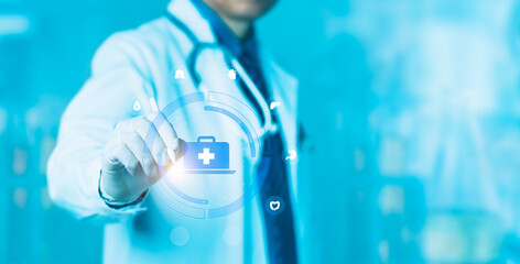 Doctor Analyzing Medical Device on Virtual Screen