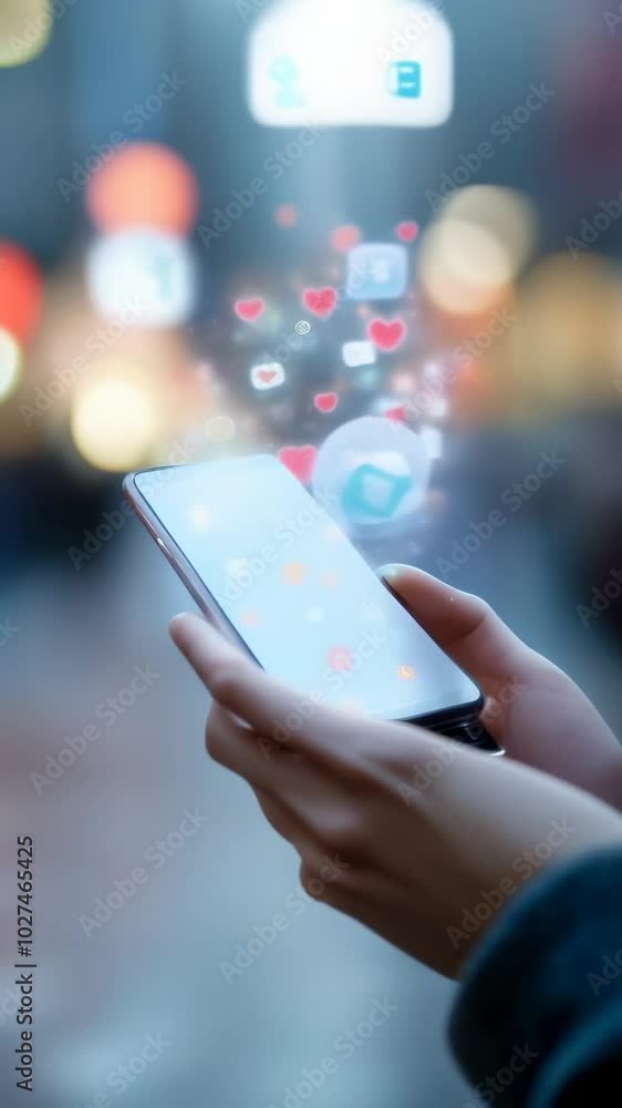Poster woman is using a smartphone with social media notification icons floating from the screen. the backg