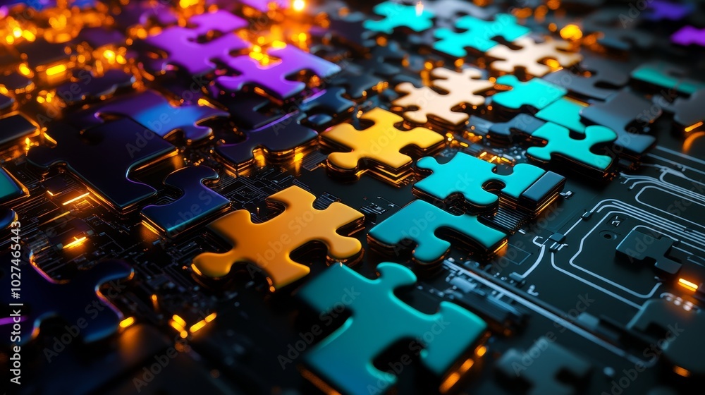 Poster An API integration concept featuring neon puzzle pieces interlocking on a futuristic digital background, emphasizing smooth connectivity and system integration